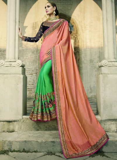 Peach and green silk crepe wedding wear saree