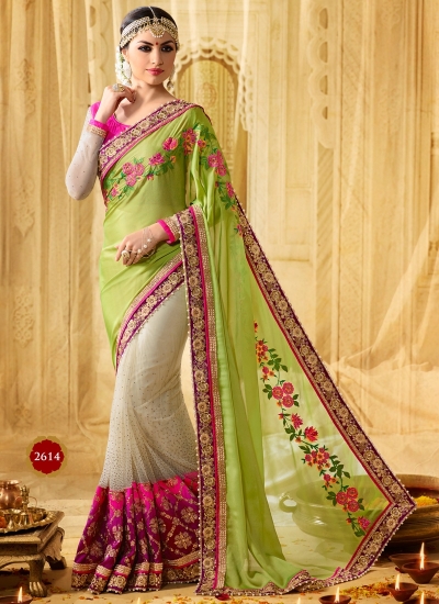 Liril green and pink moss georgette and net wedding wear saree