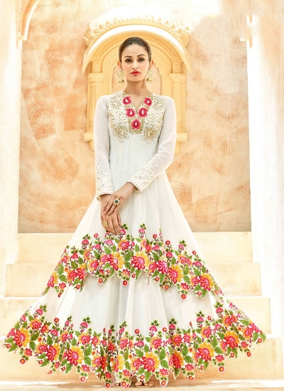 White color net party wear anarkali kameez