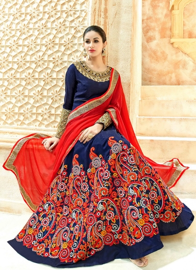 Navy blue pure silk color party wear anarkali kameez