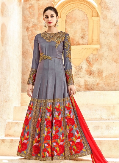 Grey swiss shadow color party wear anarkali kameez