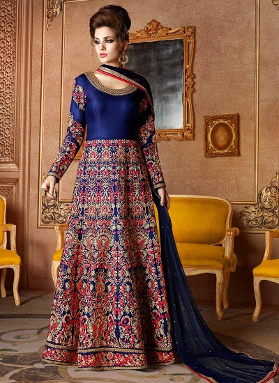 Navy blue color mulberry silk wedding wear anarkali