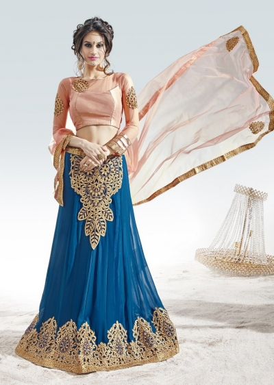 Blue Georgette satin Embroidered Circular Lehenga Choli 82014