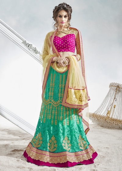 Green Satin Net Embroidered Circular Lehenga Choli 82021