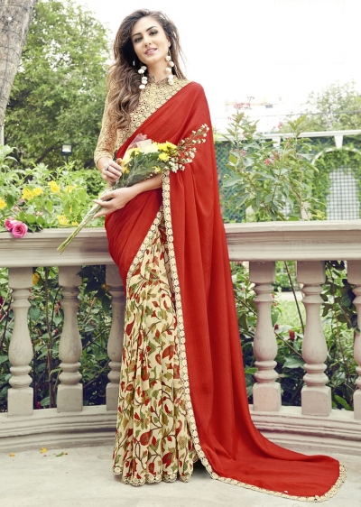 Off White Colored Printed Chiffon Georgette Festive Saree 2102