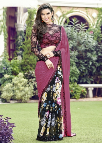 Pink Colored Printed Chiffon Georgette Festive Saree 2103