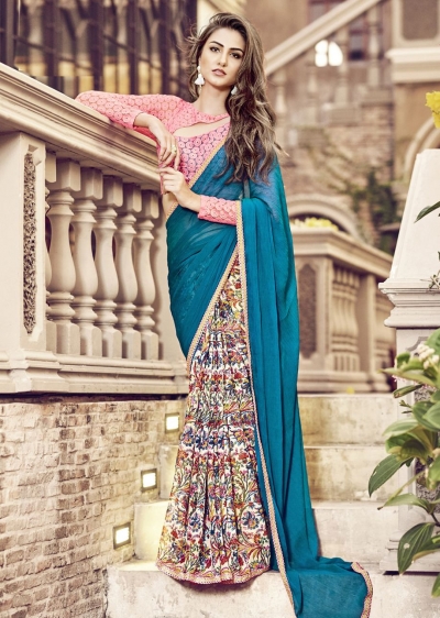 Green Colored Printed Chiffon Georgette Festive Saree 2108