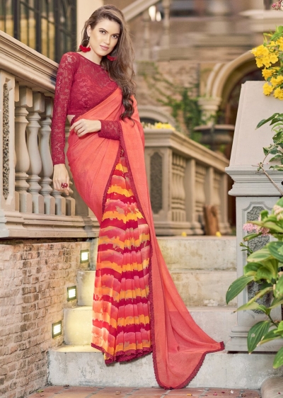 Peach Colored Printed Chiffon Georgette Festive Saree 2109