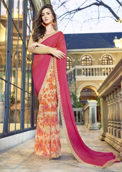 Pink Colored Printed Chiffon Georgette Festive Saree 2111