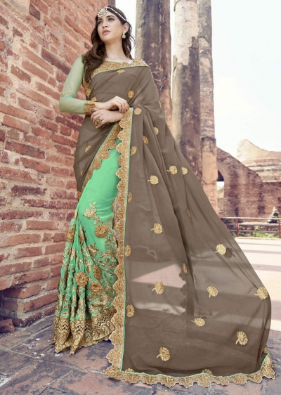 Green Colored Embroidered Faux Georgette Partywear Saree 1901