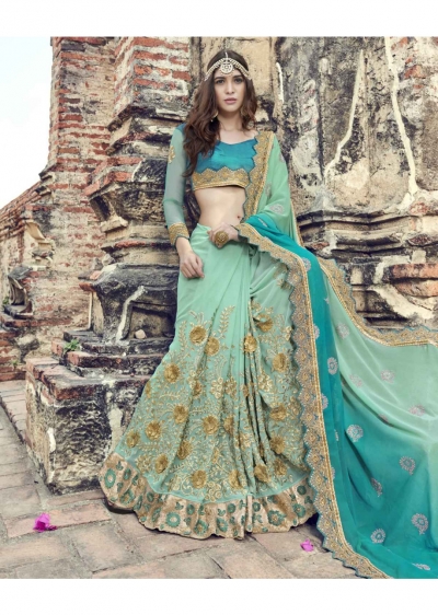 Green Colored Embroidered Faux Georgette Festive Saree 1905