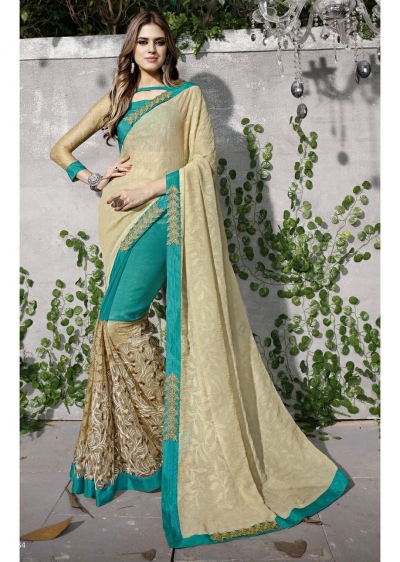 Green Colored Embroidered Chiffon Net Partywear Saree 97034