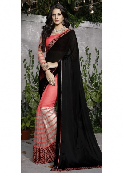 Peach Colored Border Worked Satin Georgette Super Net Festive Saree 97041