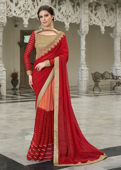 Red Colored Embroidered Chiffon Georgette Net Partywear Saree 97048