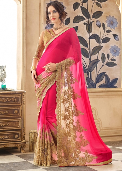 Magenta Faux Georgette Traditional Embroidered Saree 87023