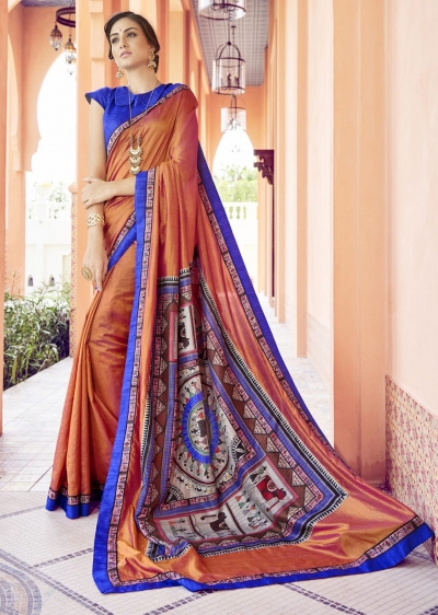 Orange Colored Printed Art Silk Officewear Saree 5104