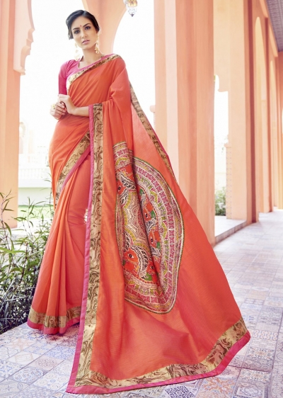 Peach Colored Printed Art Silk Officewear Saree 5108