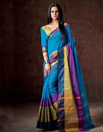 Vena Ablaze Blue Cotton Saree