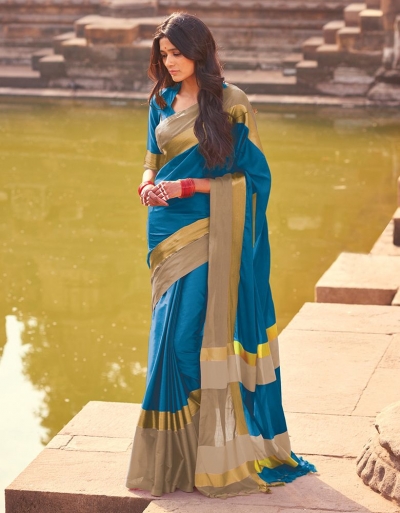 Aangi Peacock Blue Festive Wear Cotton Saree