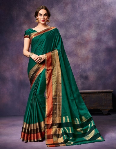 Mysha Warm Green Festive Wear Cotton Saree