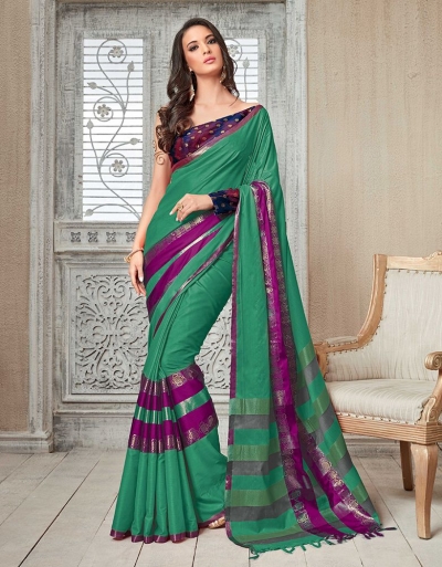 Kasmira Prime Azure Green Festive wear Cotton Saree