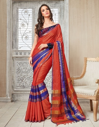 Kasmira Prime Dawn Orange Festive wear Cotton Saree