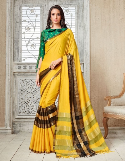 Kasmira Prime Sunshine Yellow Festive wear Cotton Saree