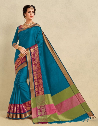 Arianna Peacock Blue Cotton Designer Saree