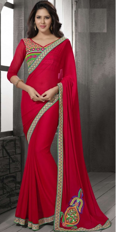 Red Color Border Worked Chiffon Saree 40007