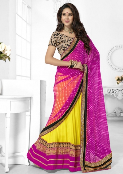 Yellow Georgette Chiffon Border Worked Half n Half Lehenga Saree 46007