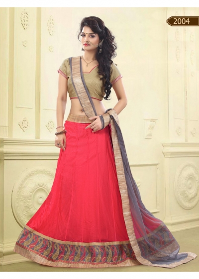 Pink Colored Border Worked Net Satin Lehenga Choli 2004