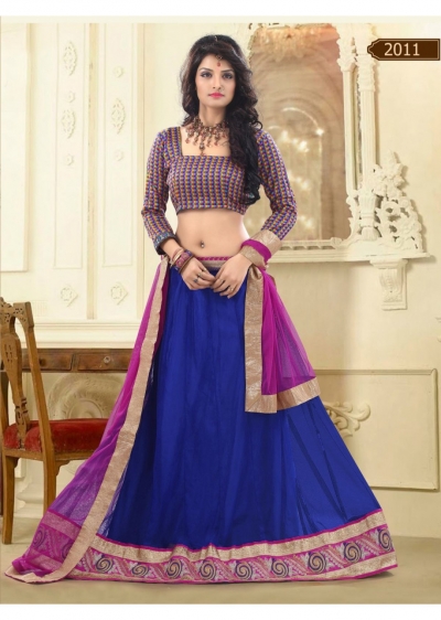 Blue Colored Border Worked Net Satin Lehenga Choli 2011