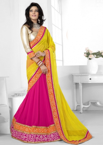 Magenta Georgette Net Border Worked Half n Half Lehenga Saree 38003