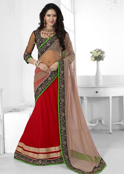 Red Net Embroidered Half n Half Lehenga Saree 38008