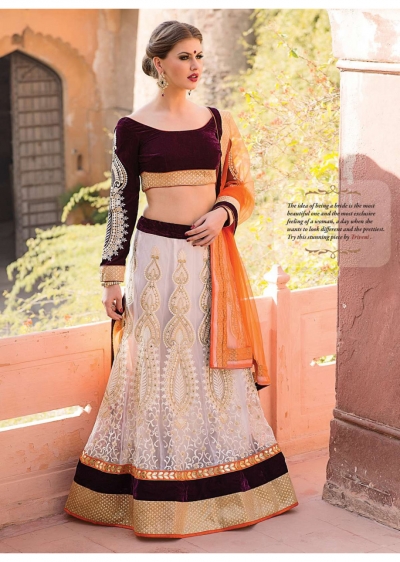 Off White Colored Embroidered Net Lehenga Choli 67003