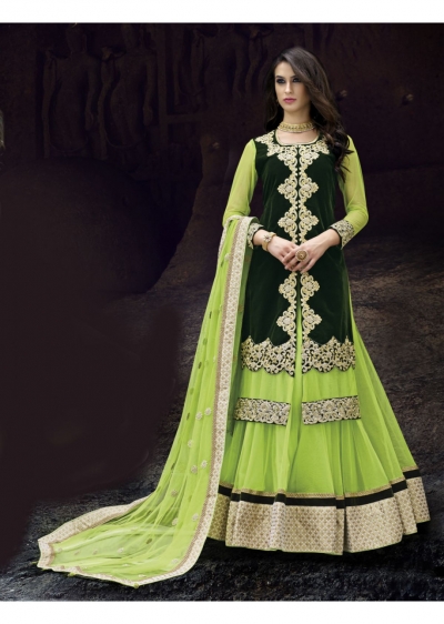 Green Colored Embroidered Net Lehenga Choli 88009