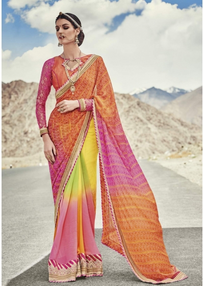 Multi Colored Printed Georgette Chiffon Saree 2006