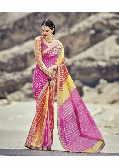 Multi Colored Printed Georgette Chiffon Saree 2011