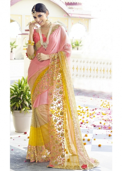 Pink Colored Embroidered Faux Georgette Net Partywear Saree 96053