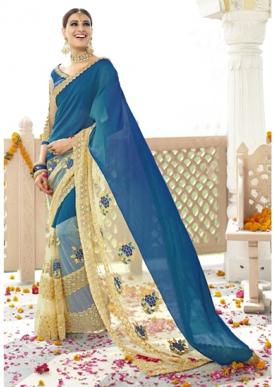 Blue Colored Embroidered Faux Georgette Net Partywear Saree 96059