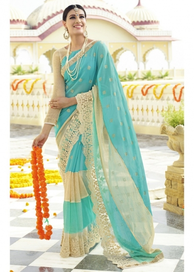 Skyblue Colored Embroidered Faux Georgette Partywear Saree 96061