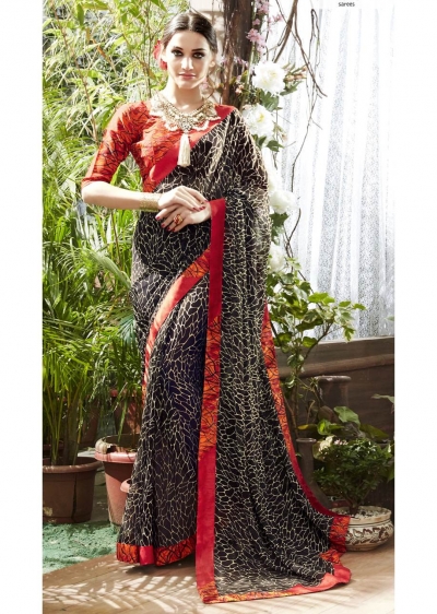 Black Colored Printed Faux Georgette Saree 31016