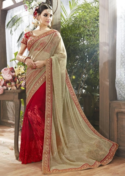 Red Georgette Net Half n Half Embroidered Saree 87060