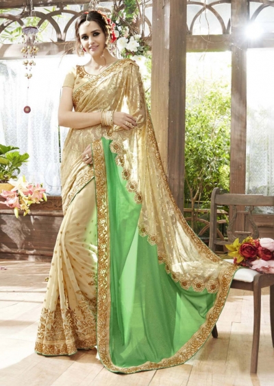 Off White Faux Georgette Traditional Embroidered Saree 87063