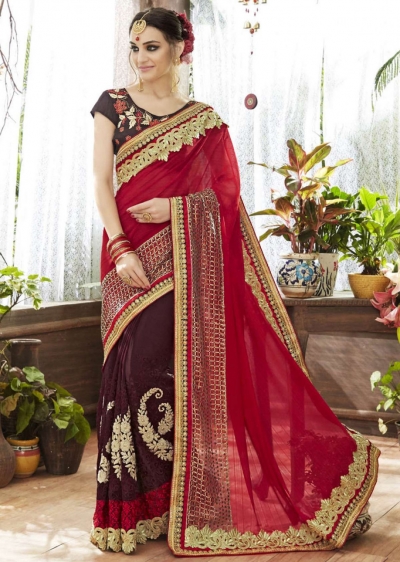 Brown Faux Georgette Half n Half Embroidered Saree 87064