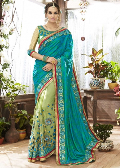 SkyBlue Art Silk Net Half n Half Embroidered Saree 87066