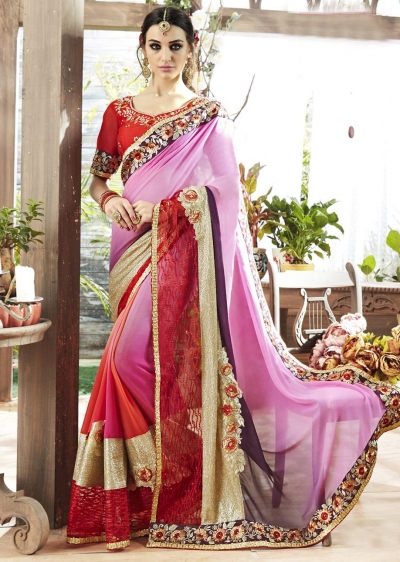 Pink Colored Border Worked Faux Georgette Festive Saree 87069