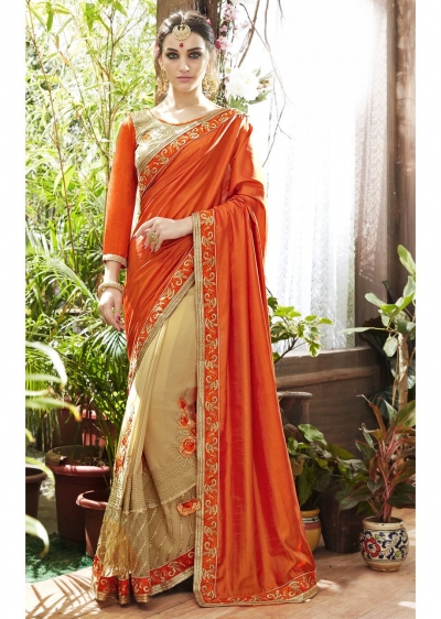 Beige Art Silk Georgette Half n Half Embroidered Saree 87070