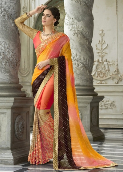 Orange Colored Border Worked Chiffon Festive Saree 97052