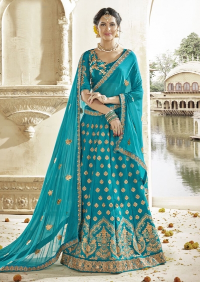 Green Colored Embroidered Art Silk Wedding Lehenga Choli 1304